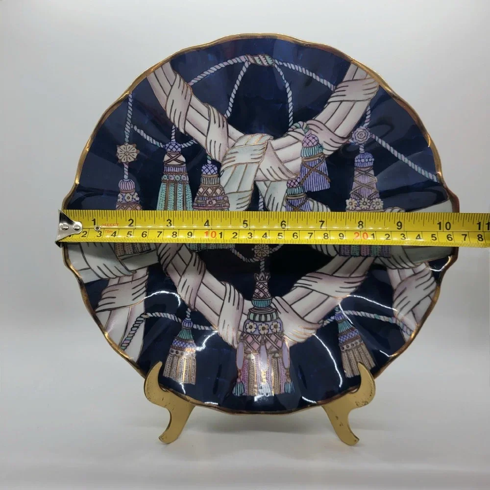 HFP Macau Hand Painted Porcelain Tassel Plate Cobalt Blue Scalloped Gold Rim 10